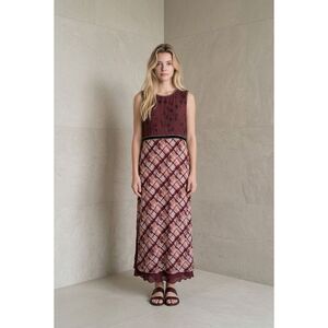 Zara Limited Edition Burgundy Printed Maxi Dress Boho Punk Beaded Sheer Layers S